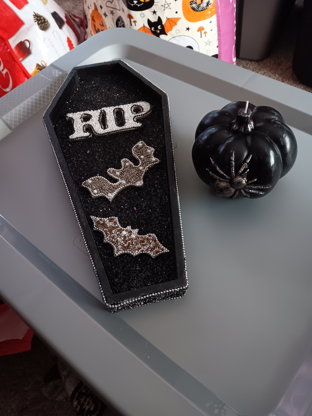 Halloween Coffin Wall Hanging  with Bats and RIP And Black Spider Candle